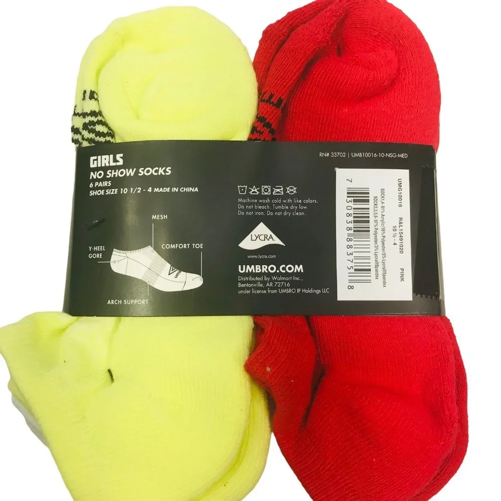 Umbro 6 Pack Girl's Shoe Size 10.5-4 No Show Tie Dye/Solid Socks Assorted Color